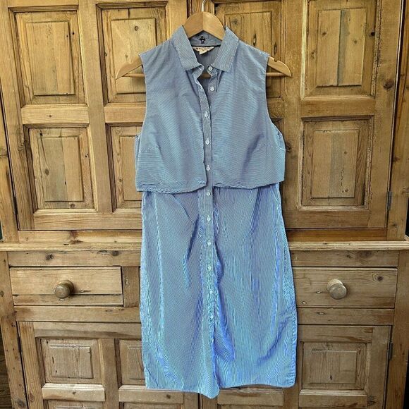 Brooks Brothers Red Fleece 6 Striped Button Front Dress Blue White Sleeveless - Picture 1 of 11